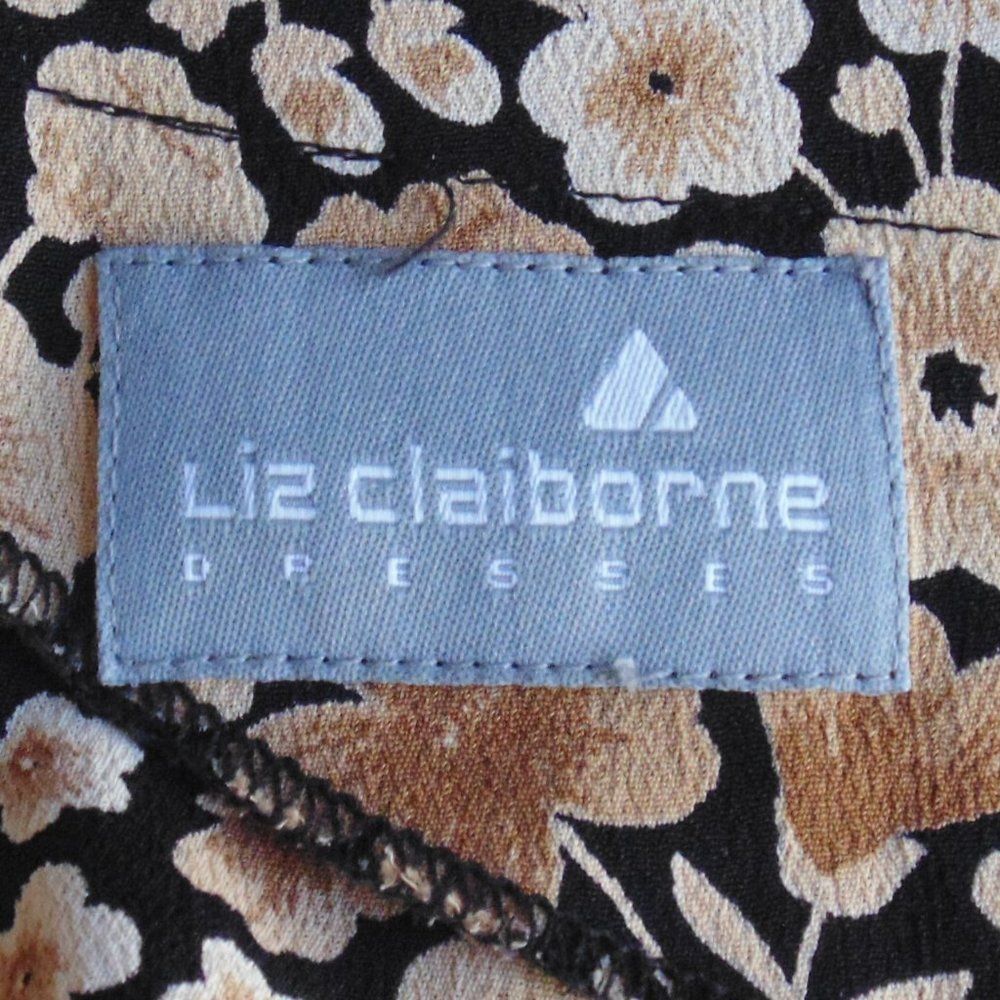 LIZ CLAIBORNE Dress, 8, Black/Tan Floral, Faux Wrap Skirt, Shoulder pads, VTG - Picture 13 of 13